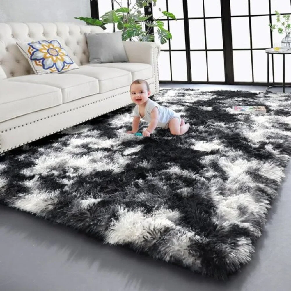 New 5x8 Black White Grey Shag Rug, Fluffy Soft Carpet for Home & Room Decor